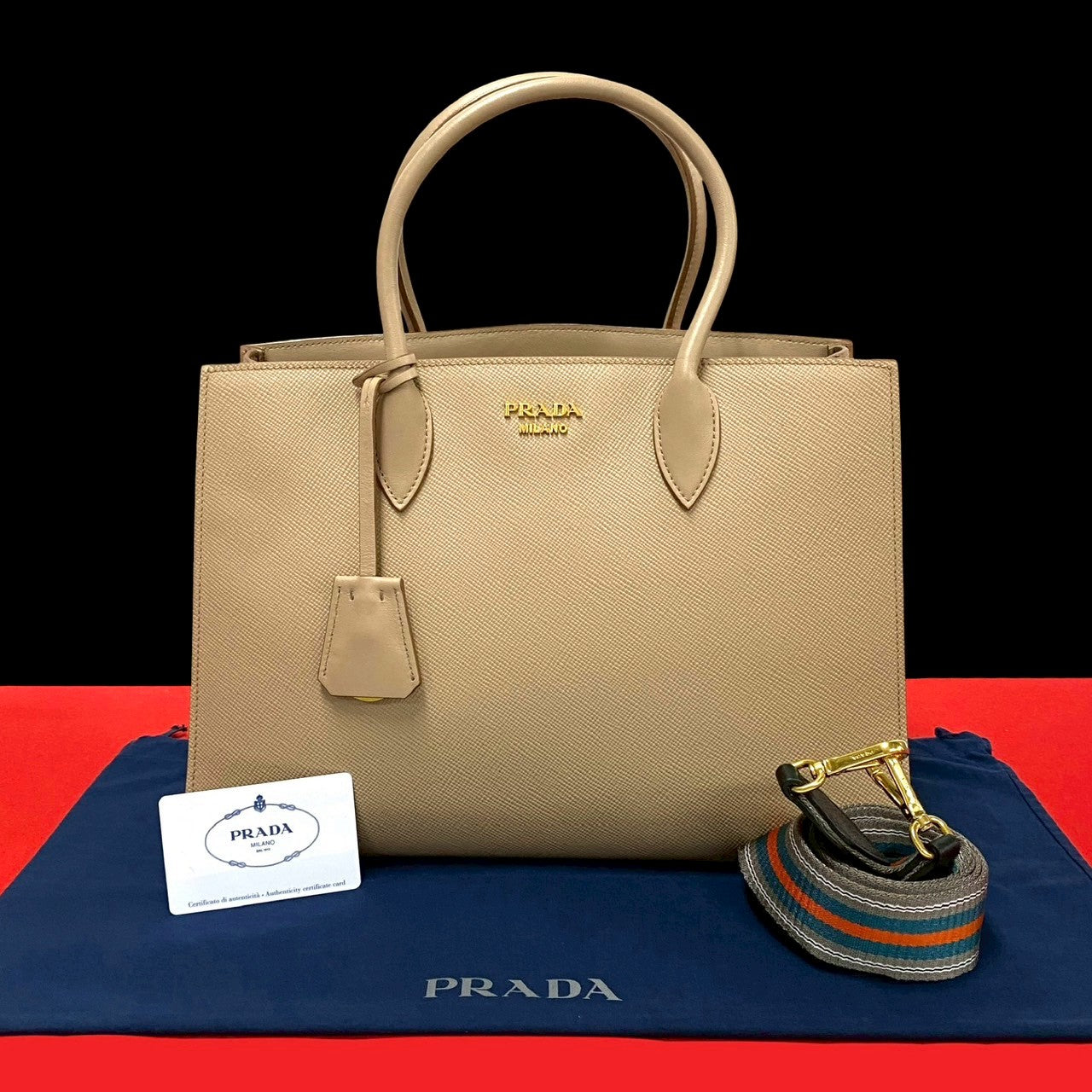 【PRADA】2wayバッグ　ビブリオテーク　ゴールド金具　レザー　バイカラー PRADA】2wayバッグ ビブリオテーク ゴールド金具 レザー バイカラー